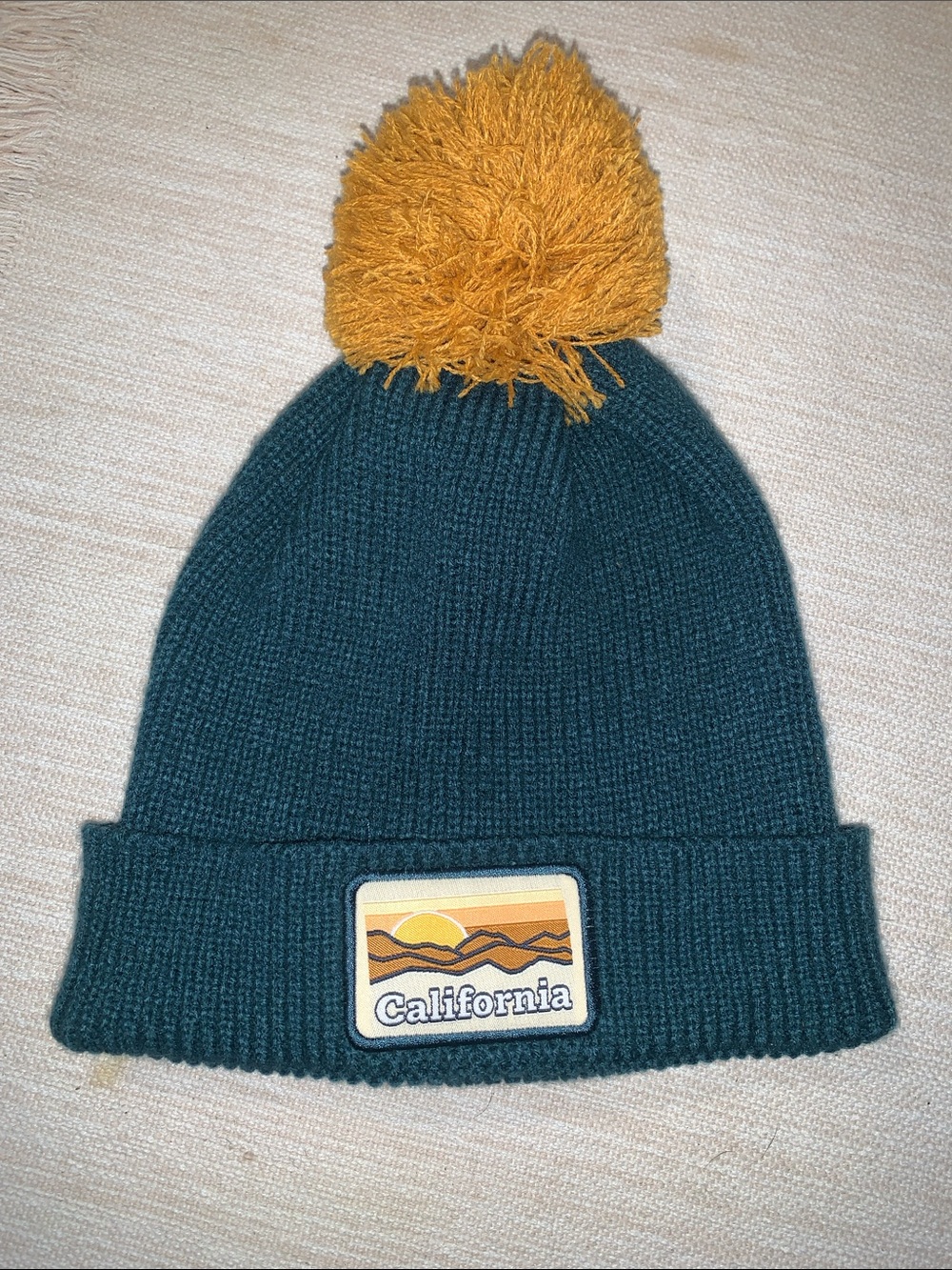 California Patch Pom Beanie - Dark Teal with Mustard Pom